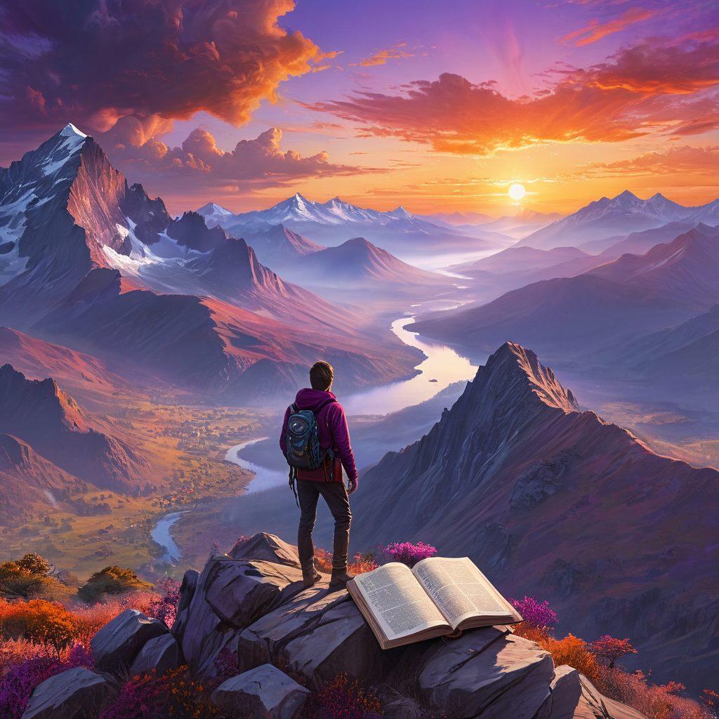 A breathtaking landscape depicting a traveler standing atop a mountain, gazing over a vast valley filled with diverse cultures and vibrant festivals. Include elements like a compass and a journal in the foreground, symbolizing exploration and personal growth. The sky should be painted in warm sunset hues, radiating a sense of adventure and inspiration. super-realistic. vibrant colors. dramatic lighting.