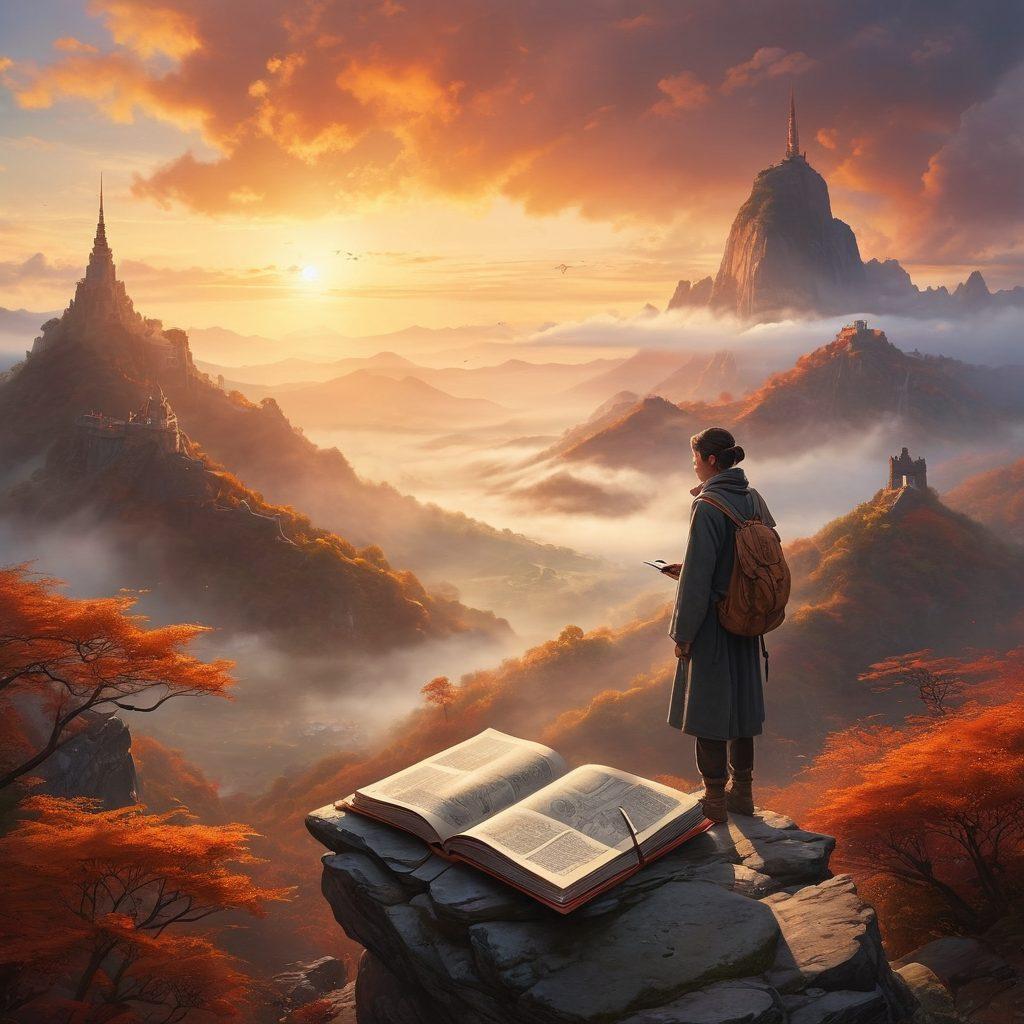 A serene traveler standing on a mountain peak, overlooking a vast landscape at sunrise, with a journal in hand and inked sketches of their journey beside them. Surround the scene with symbols of different cultures, like tiny world maps and glimpses of famous landmarks emerging from the clouds. The atmosphere should evoke a sense of adventure, reflection, and self-discovery. super-realistic. warm colors. ethereal lighting.