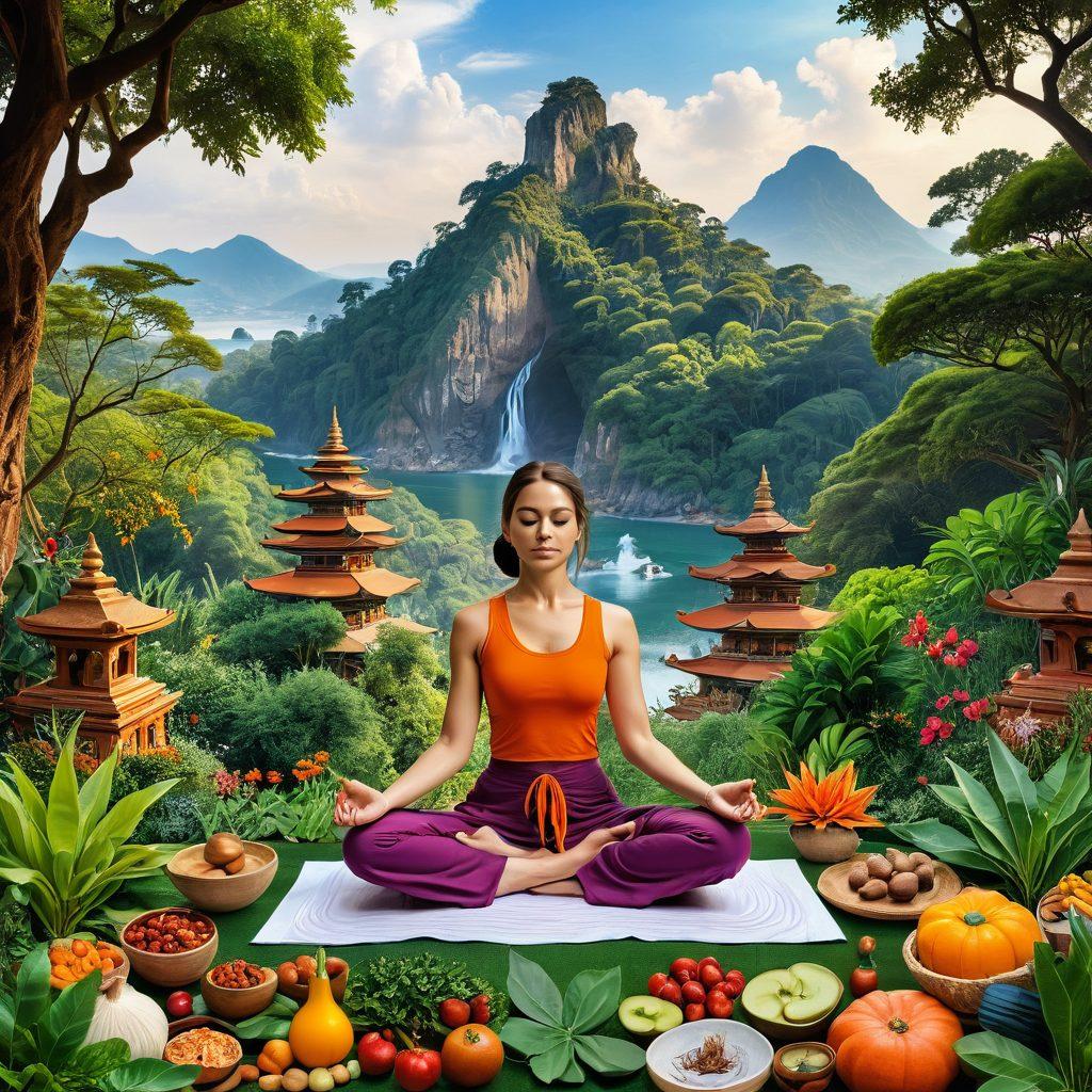 A collage showcasing diverse cultural experiences and wellness practices from around the world, featuring a serene landscape with a meditative person in a traditional yoga pose surrounded by people practicing local crafts, fresh healthy foods, and scenic views of famous landmarks. Incorporate warm, inviting colors to evoke a sense of peace and adventure. super-realistic. vibrant colors. soft focus.